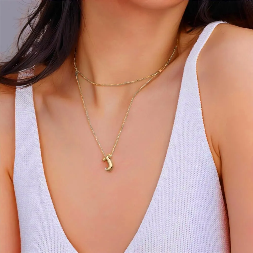 Balloon Bubble Letter Necklace，18K Gold Name Letter Alphabet Pendant，Layered Gold Necklaces, for Women Girls Name Personalized Jewelry Gift