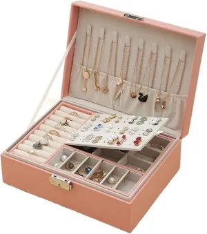 BBAUER snh bin Two Layers Leather Jewelry Box Organizer Earrings Rings Necklace Storage Case with Lock Women Girls Gift (Color : Pink)