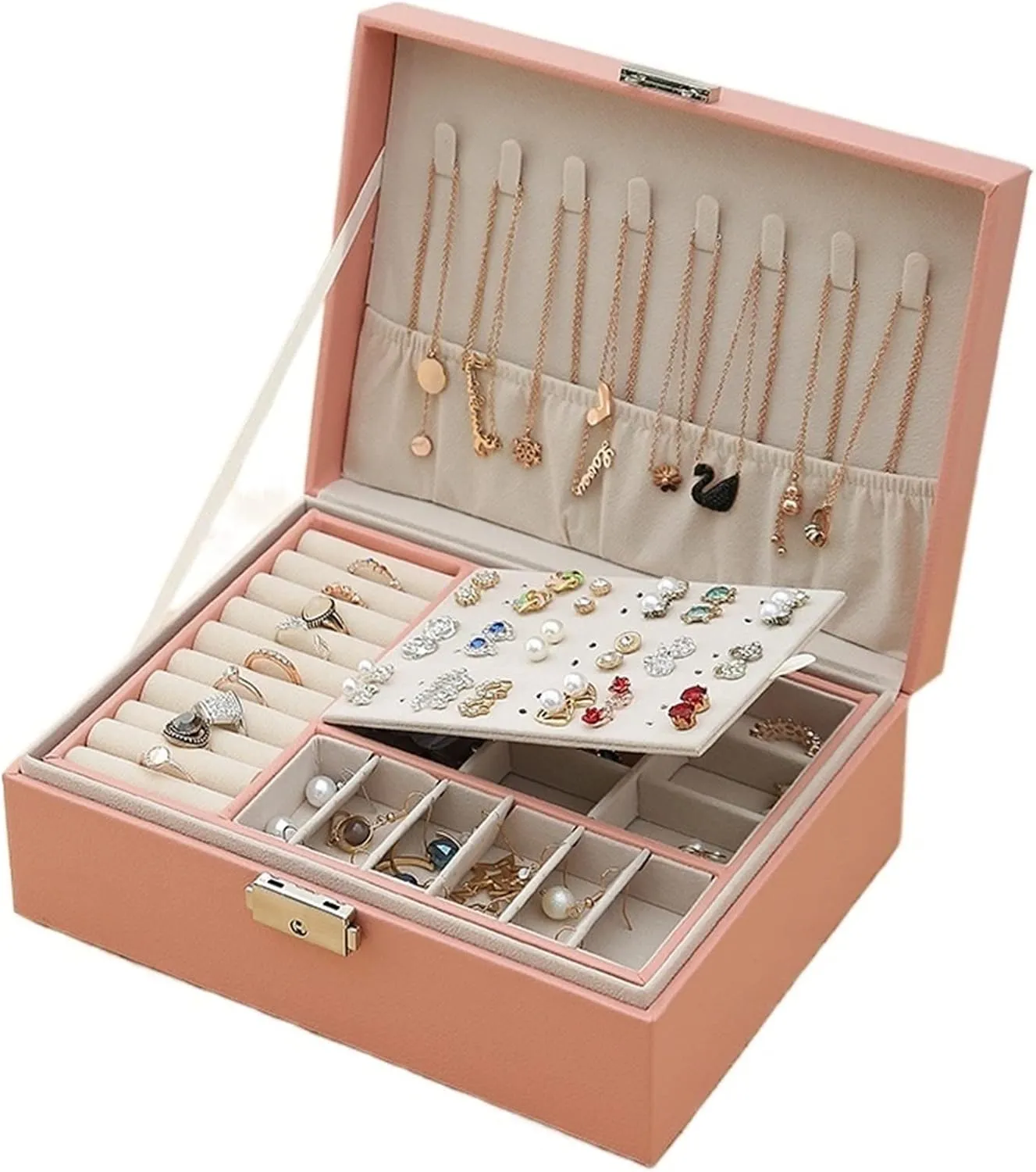BBAUER snh bin Two Layers Leather Jewelry Box Organizer Earrings Rings Necklace Storage Case with Lock Women Girls Gift (Color : Pink)