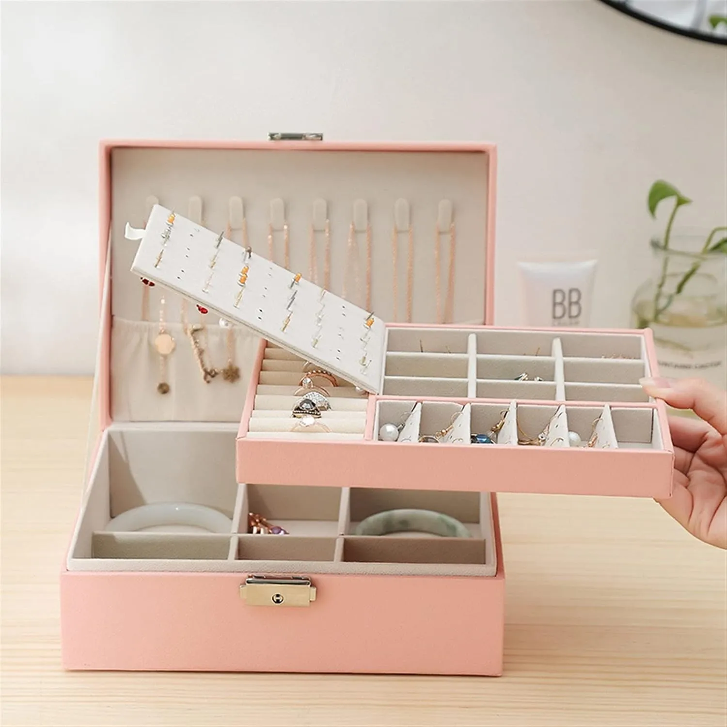BBAUER snh bin Two Layers Leather Jewelry Box Organizer Earrings Rings Necklace Storage Case with Lock Women Girls Gift (Color : Pink)