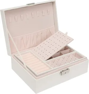 BBAUER snh bin Two Layers Leather Jewelry Box Organizer Earrings Rings Necklace Storage Case with Lock Women Girls Gift (Color : White)