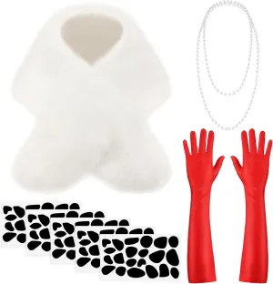 BBTO Halloween Costume Women Accessories Set 1920s Costume Cosplay Dalmatian Shawl Red Elbow Gloves Pearls Necklace with Black Stick for Adult Halloween Cosplay Party Supplies