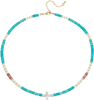 Beaded Necklace for Women Cross Necklaces Turquoise Beads Beaded Boho Choker Gemstone Necklaces Natural Stone Choker Jewelry