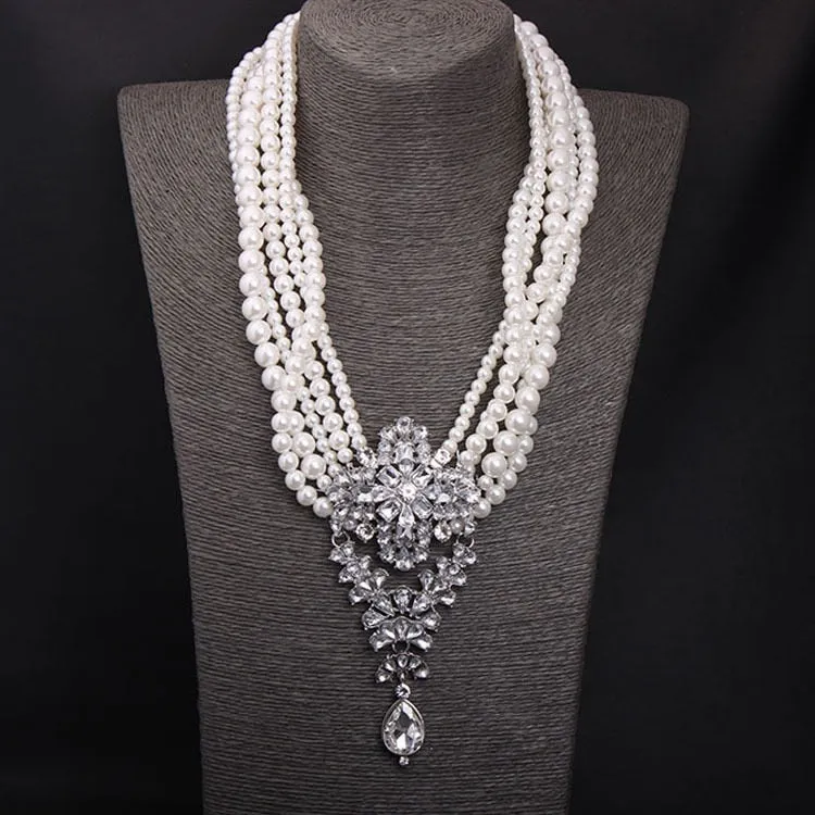 BELLA Design Women's Luxury Style Fashion Vintage Flower Rhinestones & Beads Multi-Layer Pearl Necklace Jewelry