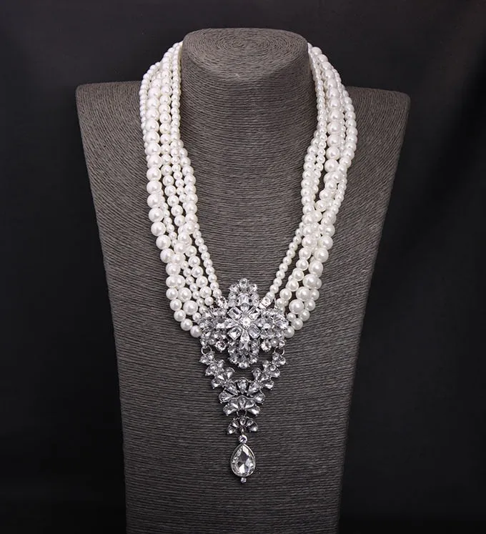 BELLA Design Women's Luxury Style Fashion Vintage Flower Rhinestones & Beads Multi-Layer Pearl Necklace Jewelry