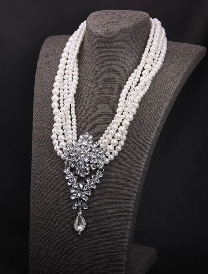 BELLA Design Women's Luxury Style Fashion Vintage Flower Rhinestones & Beads Multi-Layer Pearl Necklace Jewelry
