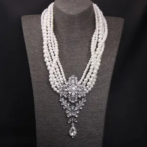 BELLA Design Women's Luxury Style Fashion Vintage Flower Rhinestones & Beads Multi-Layer Pearl Necklace Jewelry