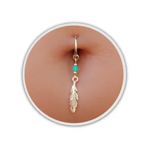Belly Button Piercing Opal Feather Navel Ring Belly Button Hoop 16G Gold Belly Button Ring Belly Button Jewelry (Pink Opal, Gold 10mm)