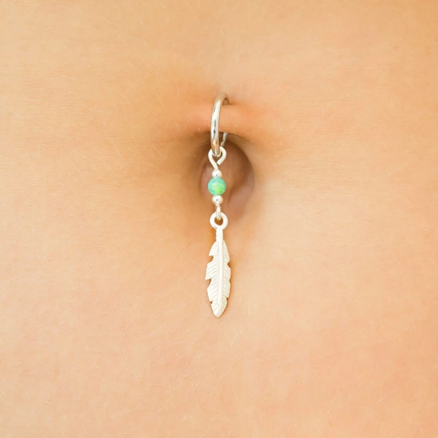 Belly Button Piercing Opal Feather Navel Ring Belly Button Hoop 16G Gold Belly Button Ring Belly Button Jewelry (Pink Opal, Gold 10mm)