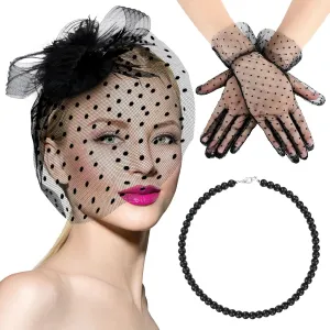 Bencailor 3 Pcs Fascinator Tea Party Hat for Women Derby Hat with Veil with Lace Gloves Necklace for Wedding Cocktail Funeral