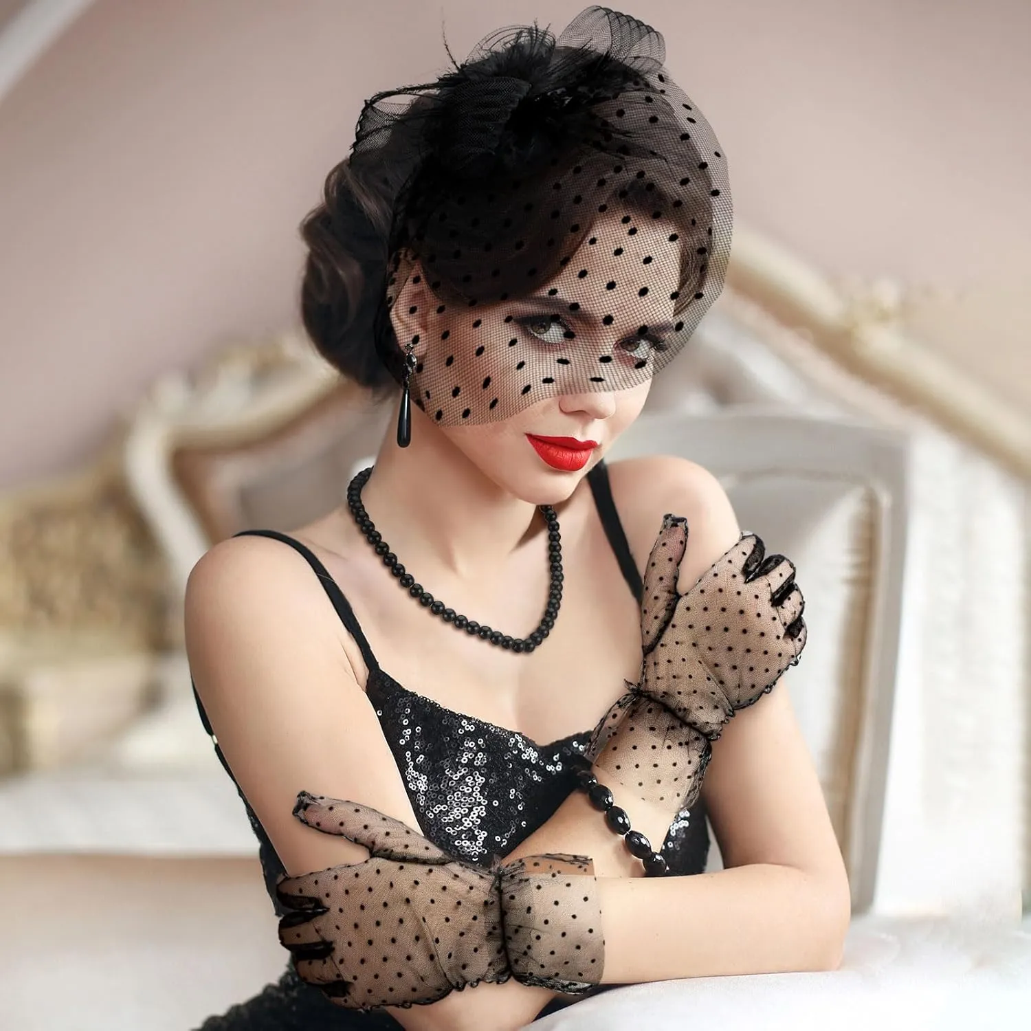 Bencailor 3 Pcs Fascinator Tea Party Hat for Women Derby Hat with Veil with Lace Gloves Necklace for Wedding Cocktail Funeral