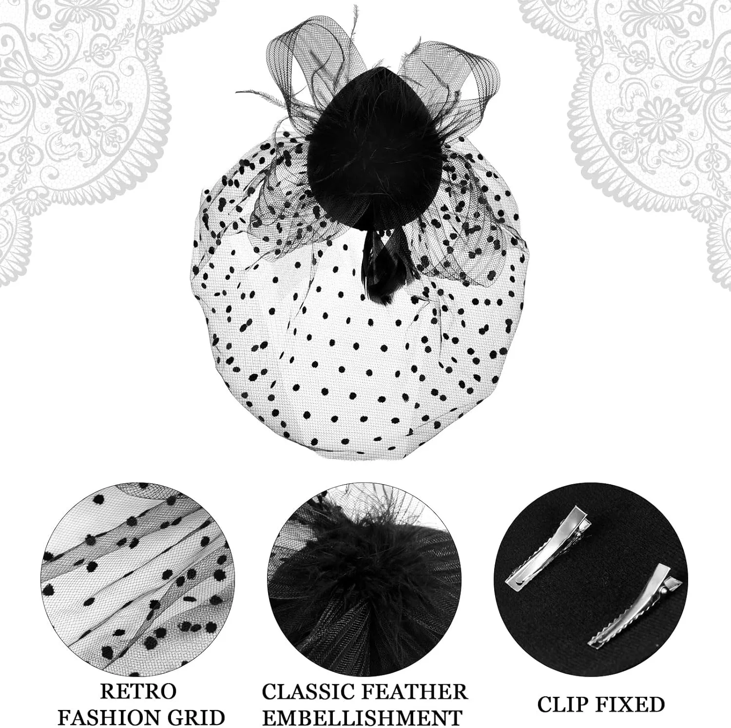 Bencailor 3 Pcs Fascinator Tea Party Hat for Women Derby Hat with Veil with Lace Gloves Necklace for Wedding Cocktail Funeral