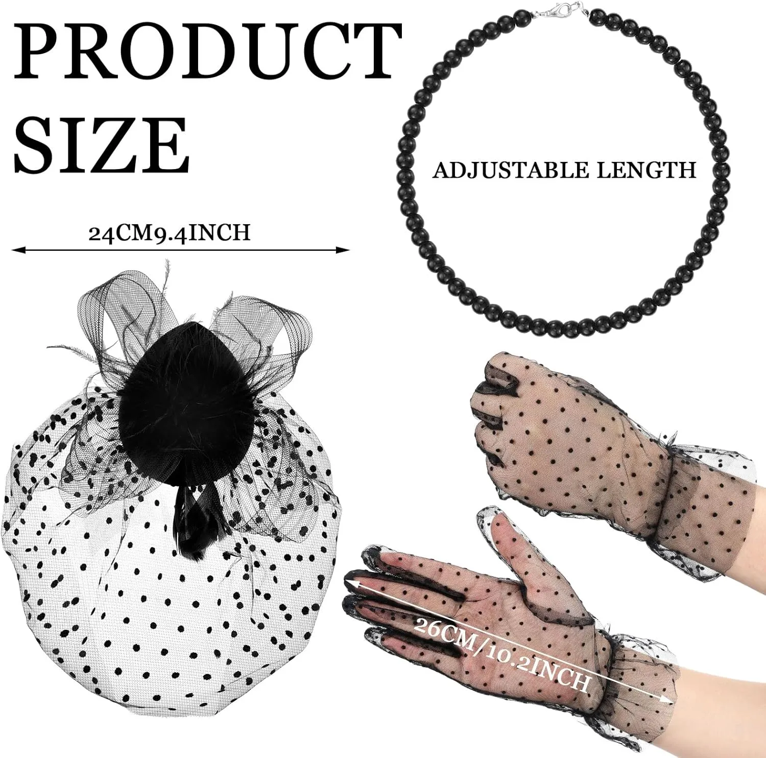 Bencailor 3 Pcs Fascinator Tea Party Hat for Women Derby Hat with Veil with Lace Gloves Necklace for Wedding Cocktail Funeral