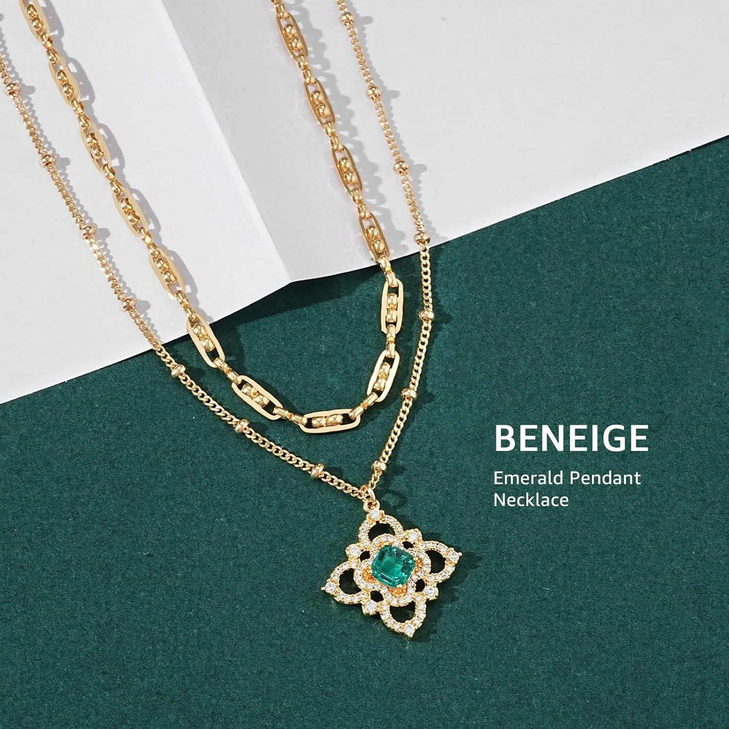 BENEIGE Layered Necklaces for Women 14K Gold Plated Emerald Necklace for Women Dainty Gold Necklace Stack Hypoallergenic Jewelry for Women