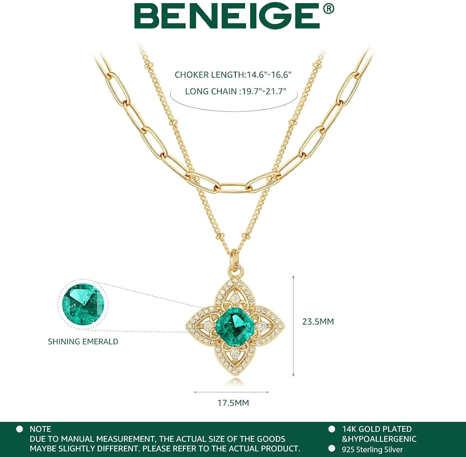 BENEIGE Layered Necklaces for Women 14K Gold Plated Emerald Necklace for Women Dainty Gold Necklace Stack Hypoallergenic Jewelry for Women