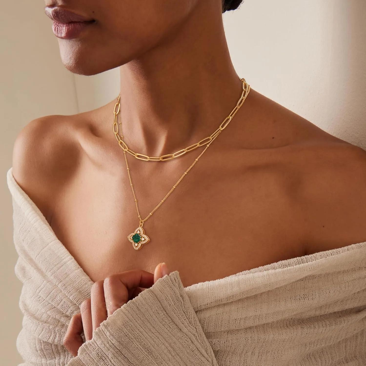 BENEIGE Layered Necklaces for Women 14K Gold Plated Emerald Necklace for Women Dainty Gold Necklace Stack Hypoallergenic Jewelry for Women