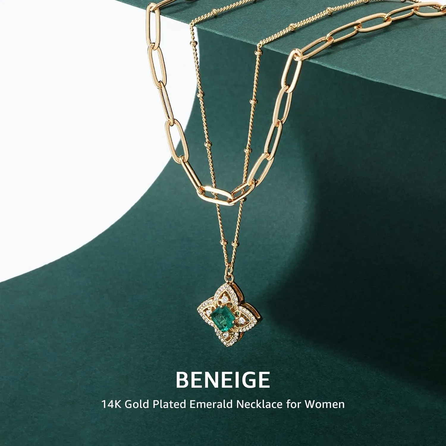 BENEIGE Layered Necklaces for Women 14K Gold Plated Emerald Necklace for Women Dainty Gold Necklace Stack Hypoallergenic Jewelry for Women
