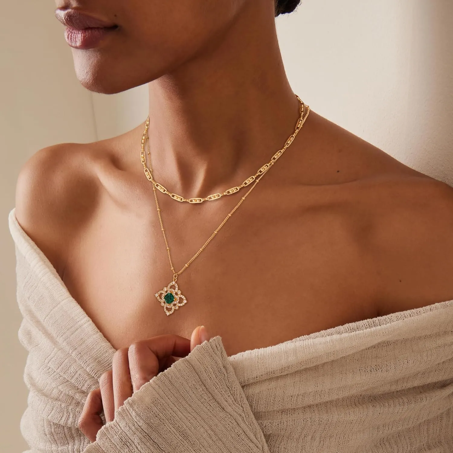 BENEIGE Layered Necklaces for Women 14K Gold Plated Emerald Necklace for Women Dainty Gold Necklace Stack Hypoallergenic Jewelry for Women