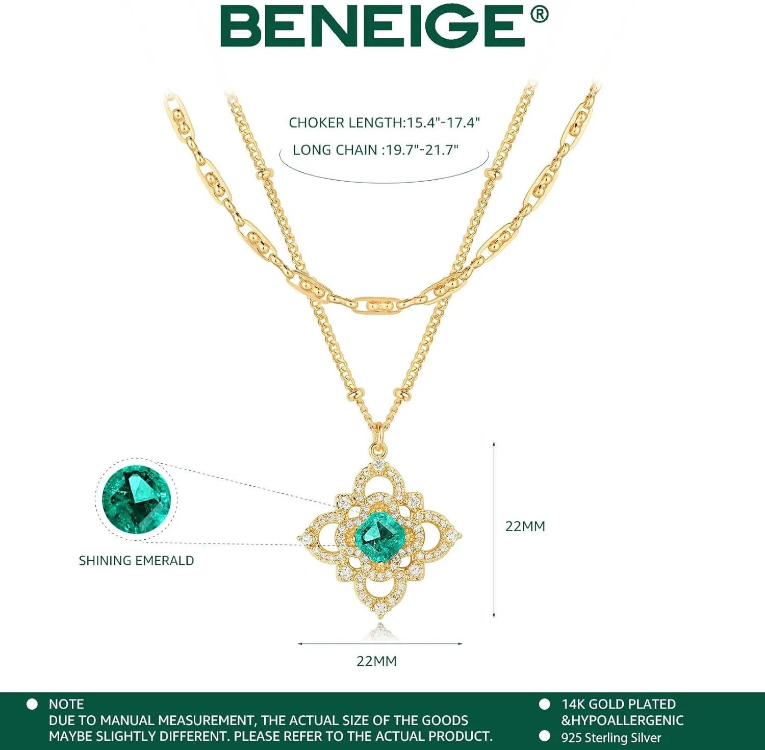 BENEIGE Layered Necklaces for Women 14K Gold Plated Emerald Necklace for Women Dainty Gold Necklace Stack Hypoallergenic Jewelry for Women