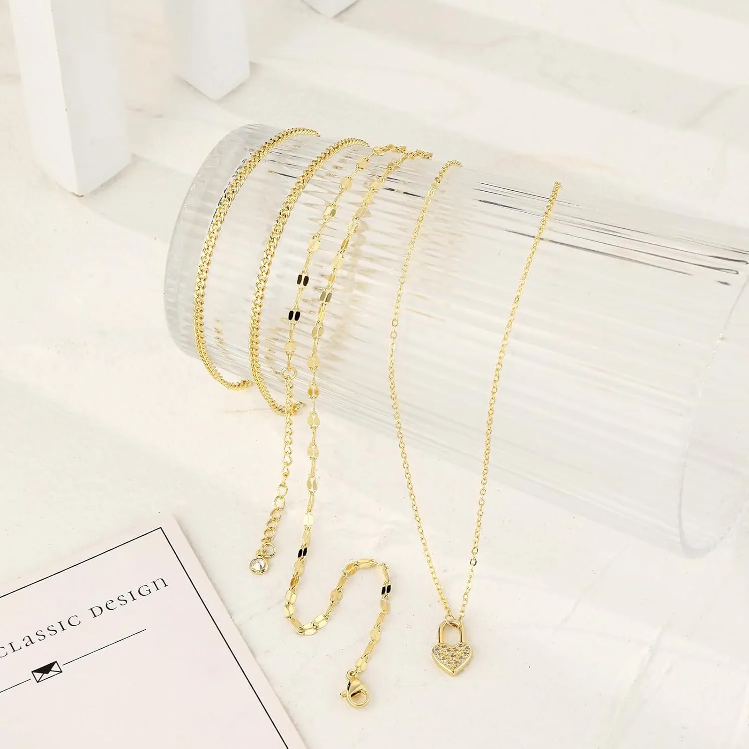 BERISO Layered Gold Necklace for Women Dainty Choker Necklace 14K Gold Plated Pendant Necklaces Set