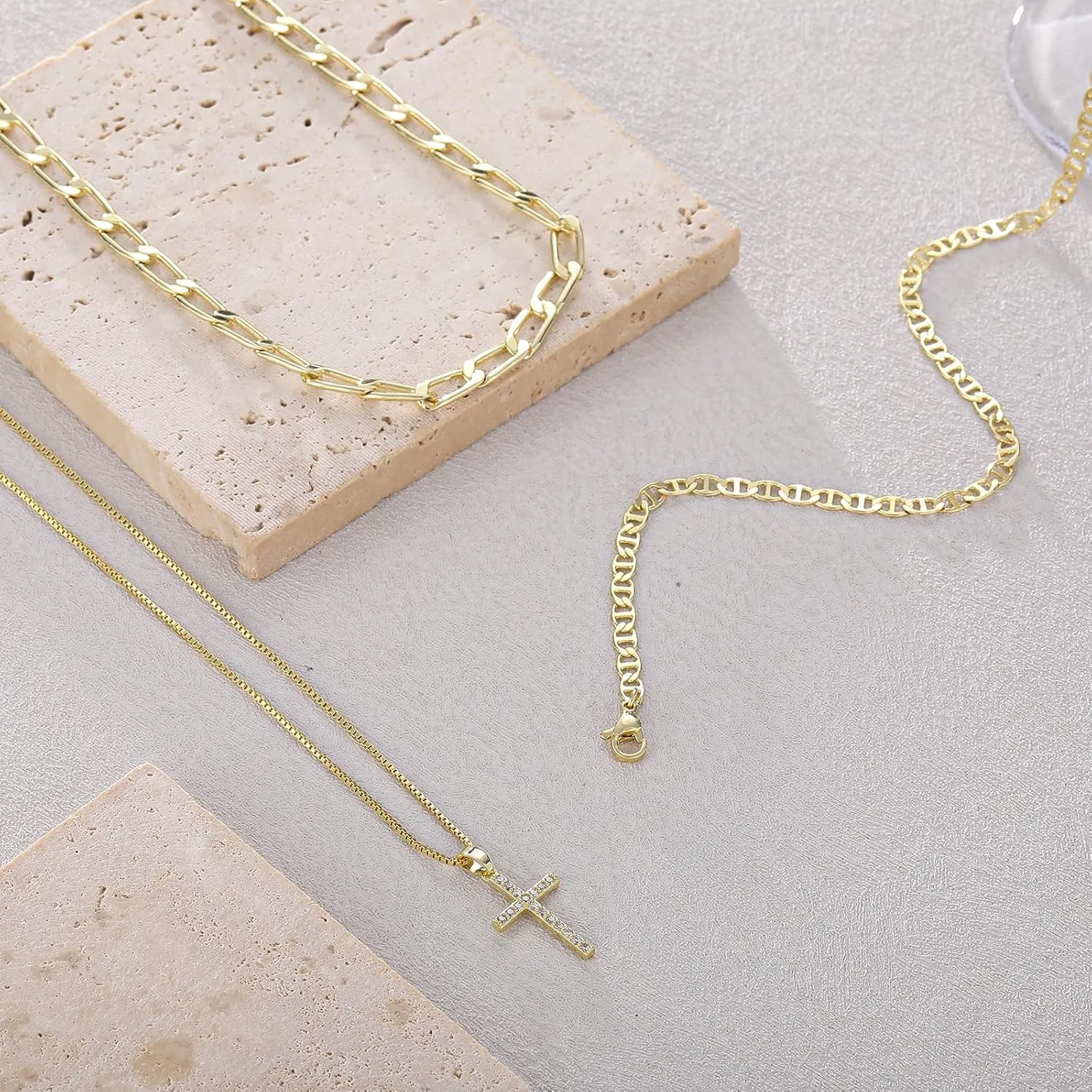 BERISO Layered Gold Necklace for Women Dainty Choker Necklace 14K Gold Plated Pendant Necklaces Set