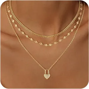BERISO Layered Gold Necklace for Women Dainty Choker Necklace 14K Gold Plated Pendant Necklaces Set