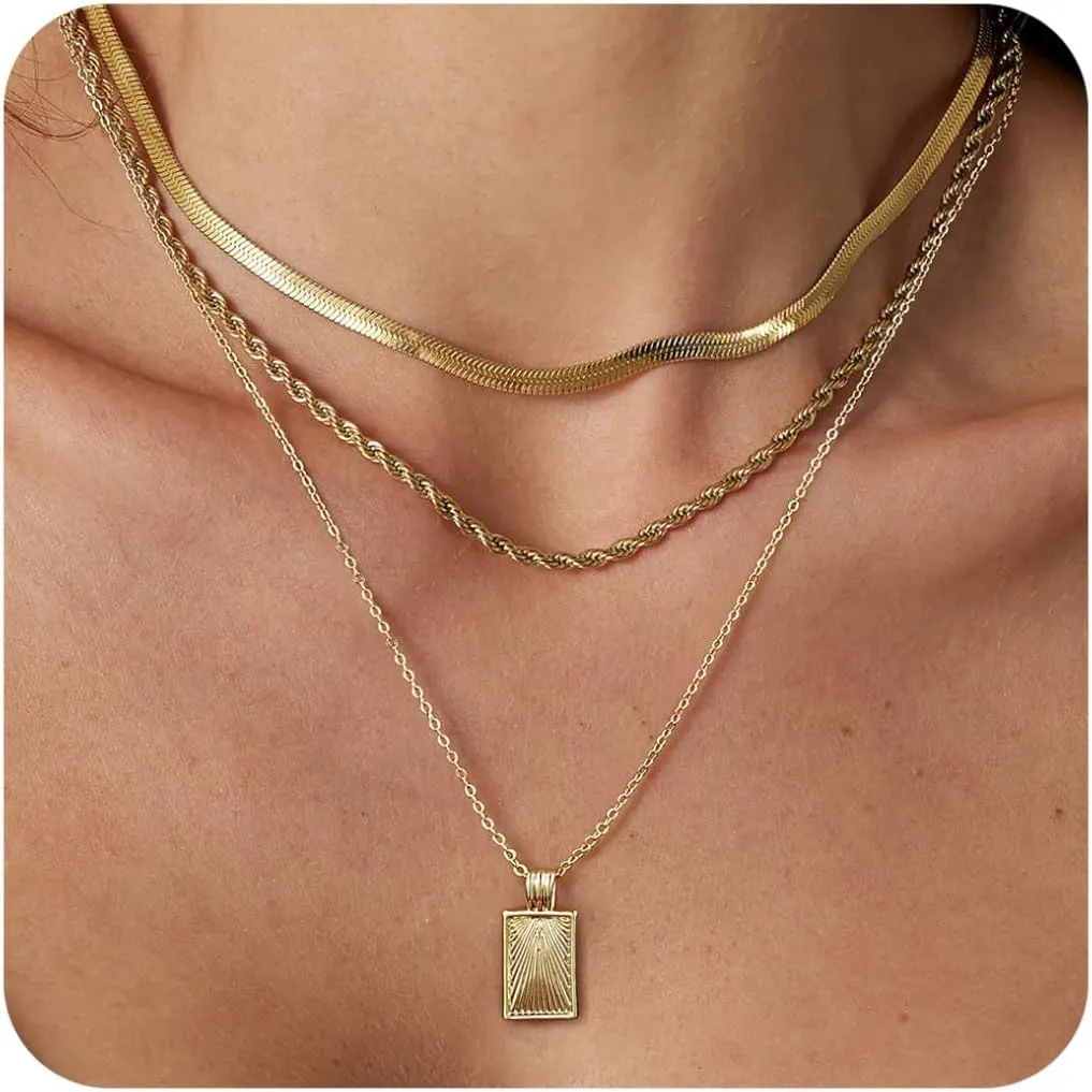 BERISO Layered Gold Necklace for Women Dainty Choker Necklace 14K Gold Plated Pendant Necklaces Set