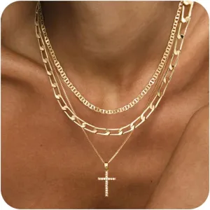 BERISO Layered Gold Necklace for Women Dainty Choker Necklace 14K Gold Plated Pendant Necklaces Set