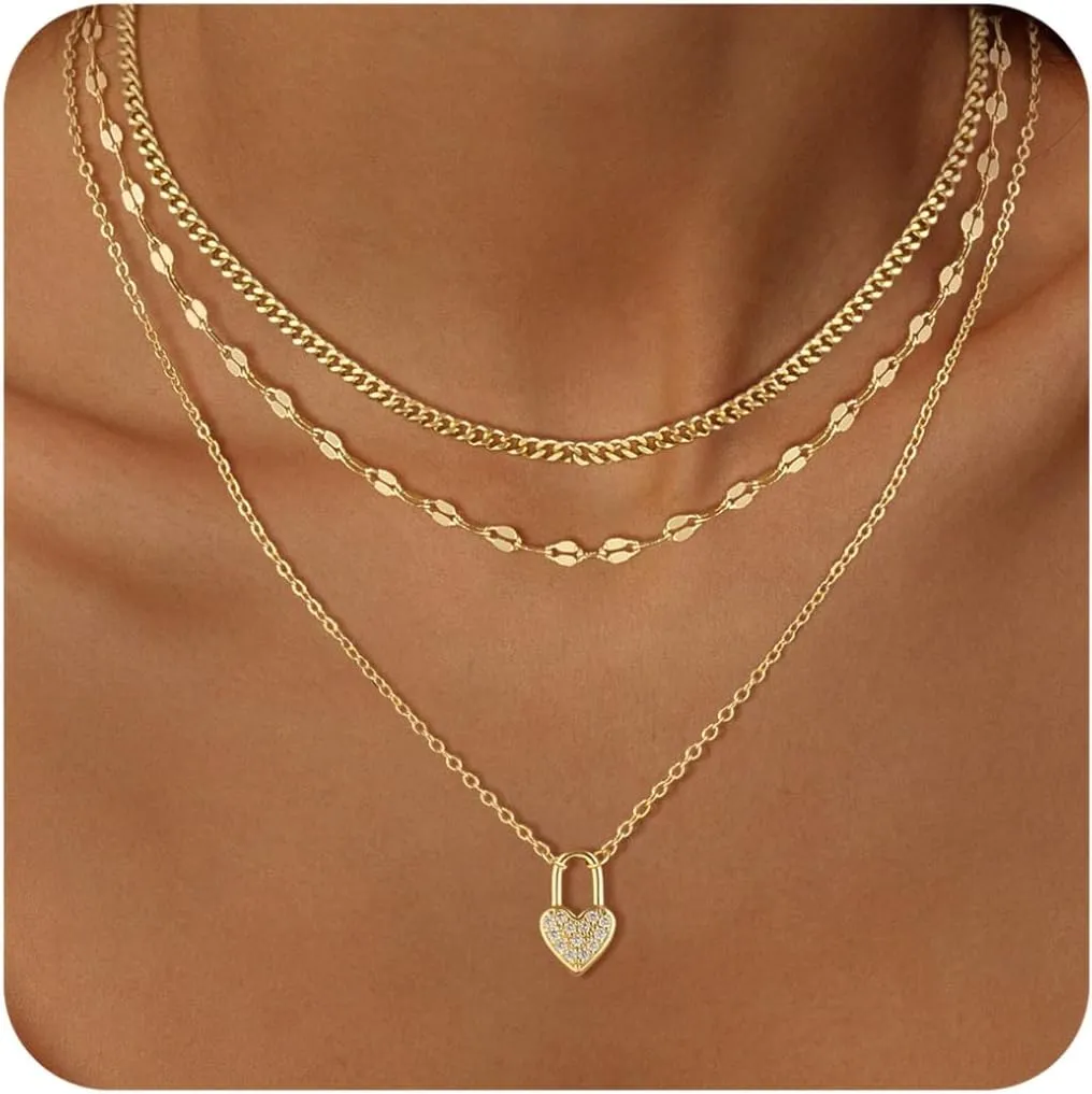 BERISO Layered Gold Necklace for Women Dainty Choker Necklace 14K Gold Plated Pendant Necklaces Set