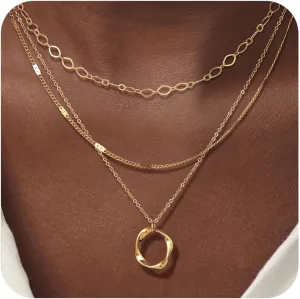 BERISO Layered Gold Necklace for Women Dainty Choker Necklace 14K Gold Plated Pendant Necklaces Set