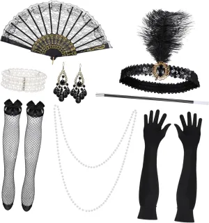 BESTYASH Complete 1920s Prom Suit Accessories Silk Necklace Earrings Gloves Fan Headband Bracelet Women's Party Dress Accessories Set