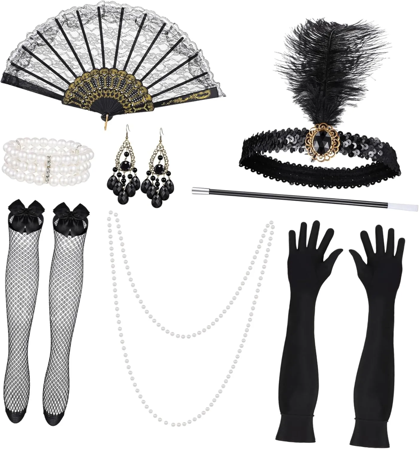 BESTYASH Complete 1920s Prom Suit Accessories Silk Necklace Earrings Gloves Fan Headband Bracelet Women's Party Dress Accessories Set