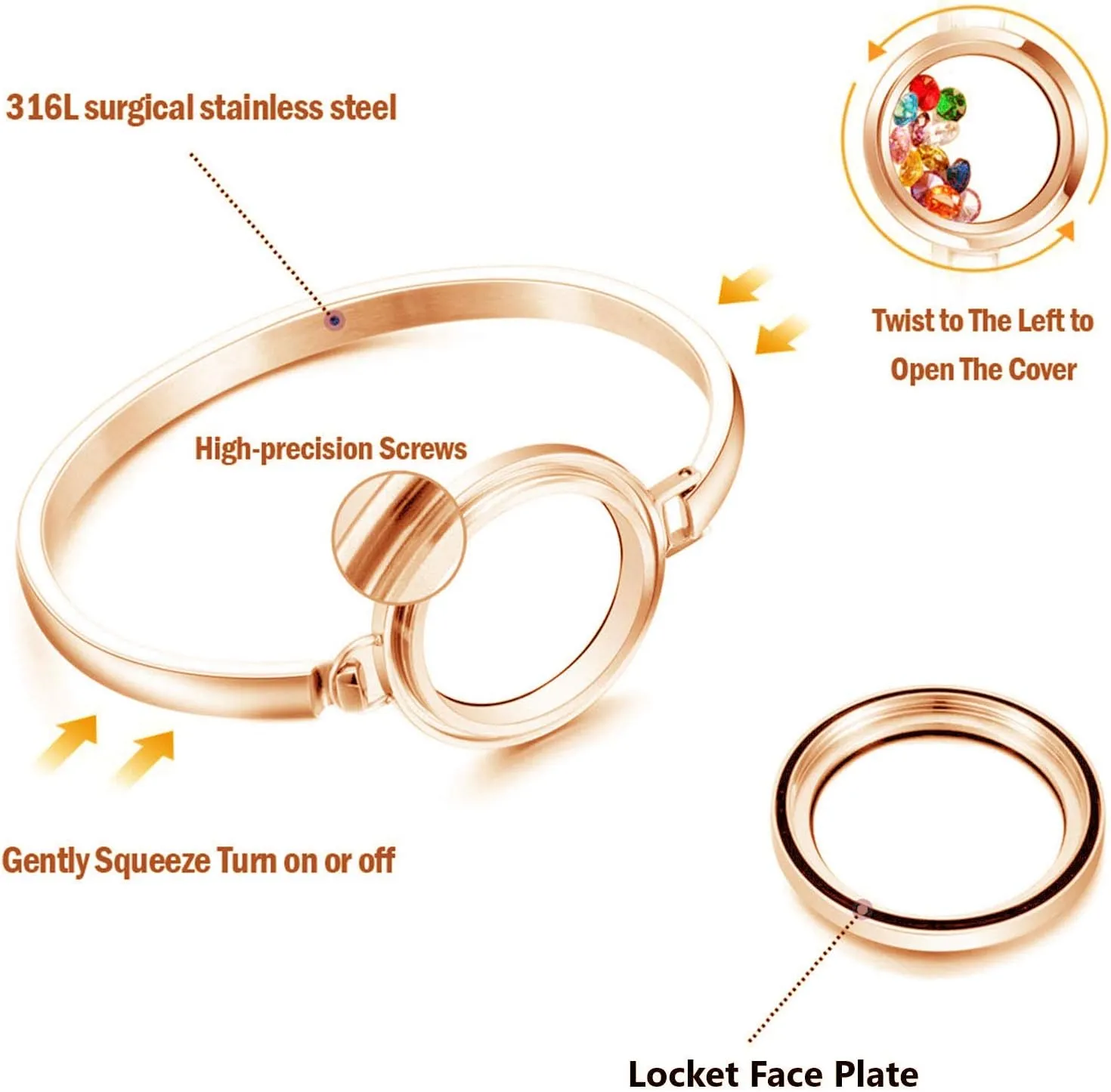 BG247 Stainless Steel 30mm Glass Floating Memory Living Locket Bangle Bracelet