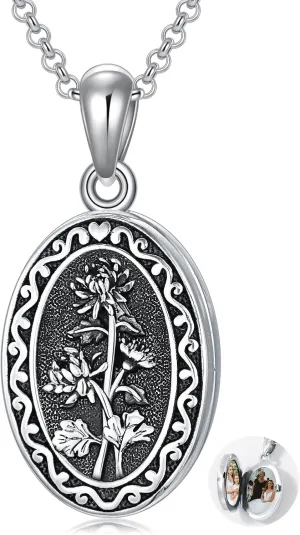 Birth Flower Photo Locket Necklace 925 Sterling Silver 12 Month Locket Necklace with Picture Birth Flower Photo Jewelry Gifts for Women Mother Mom Daughter