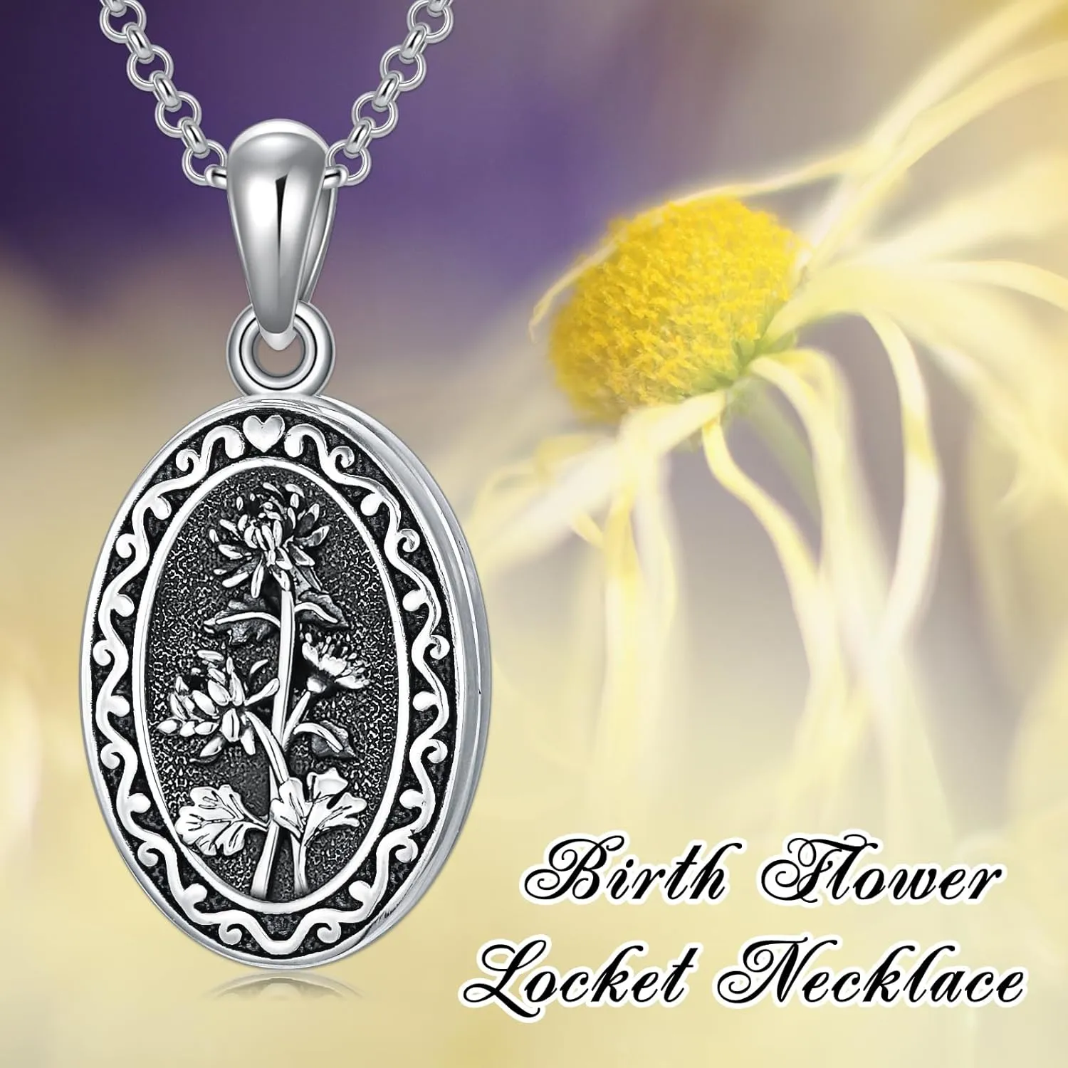 Birth Flower Photo Locket Necklace 925 Sterling Silver 12 Month Locket Necklace with Picture Birth Flower Photo Jewelry Gifts for Women Mother Mom Daughter