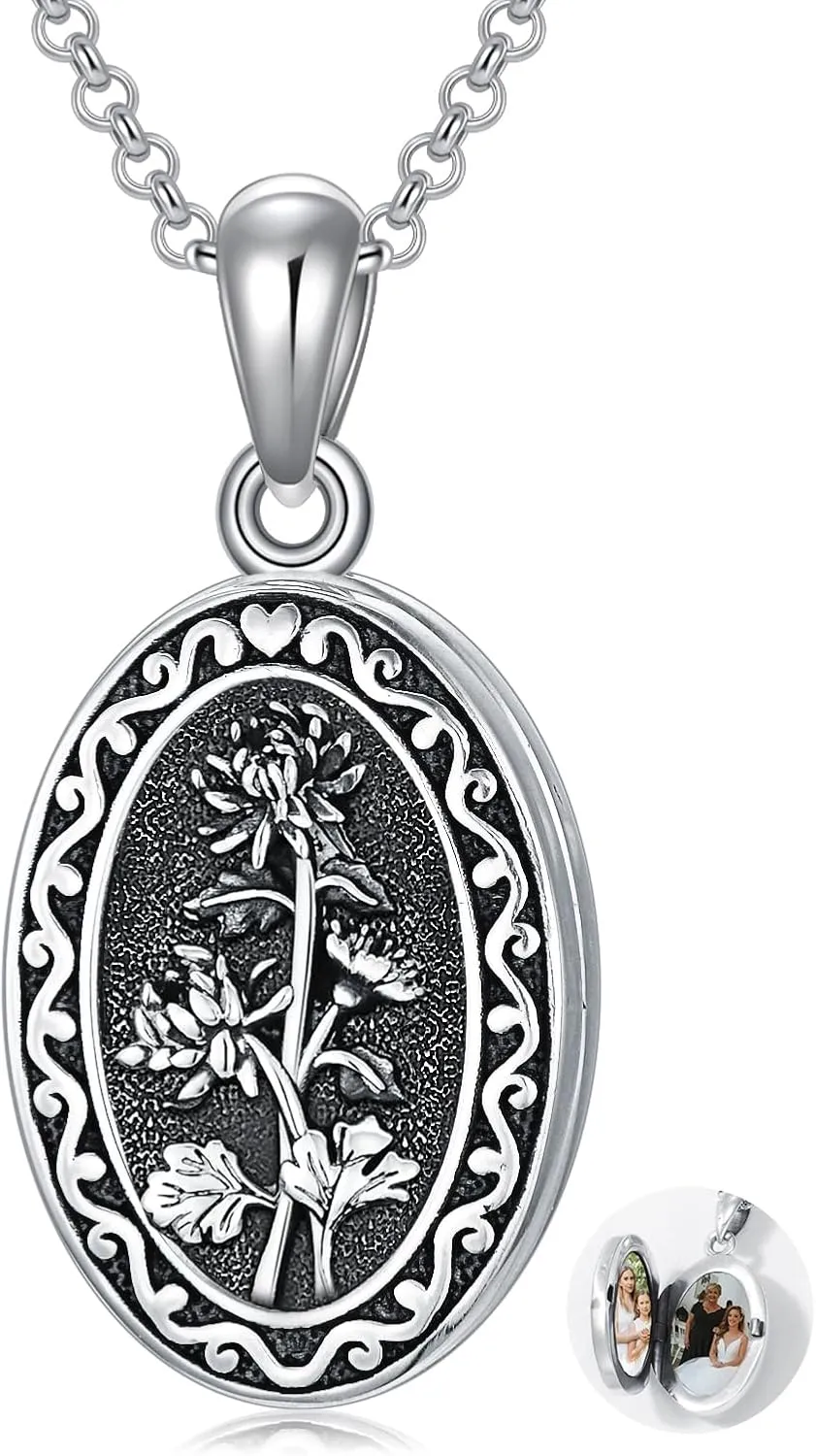 Birth Flower Photo Locket Necklace 925 Sterling Silver 12 Month Locket Necklace with Picture Birth Flower Photo Jewelry Gifts for Women Mother Mom Daughter