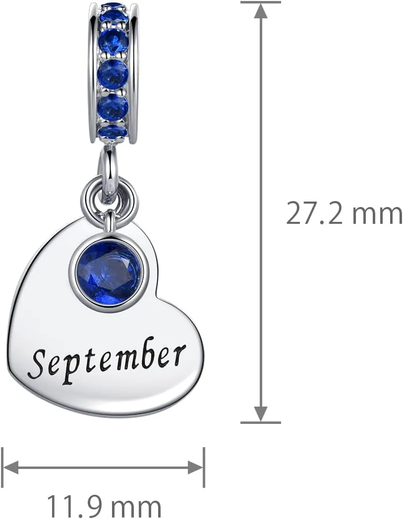 Birthday Month Jan to Dec Heart Birthstone Dangle Charm Compatible with Pandora Charms Bracelets