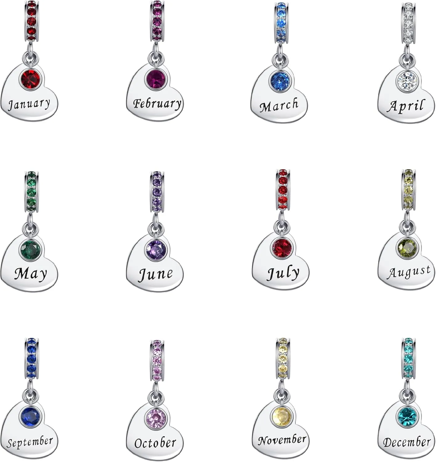 Birthday Month Jan to Dec Heart Birthstone Dangle Charm Compatible with Pandora Charms Bracelets