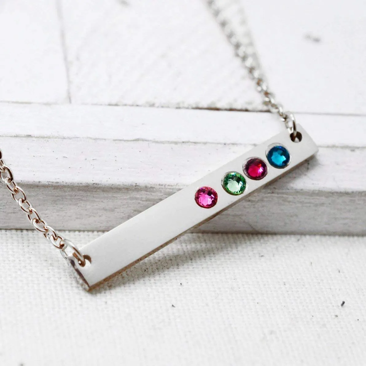 Birthstone Bar Necklace, Custom Horizontal Bar Necklace, Mother Nana Grandma Present, Skinny Silver