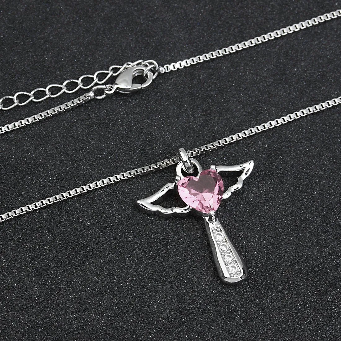 Birthstone Necklaces Cross Necklace Mom Necklace for Women Girls Cubic Zirconia Angel Wing Birthstone Heart Charm Pendant Necklace Gifts for Mom October- Turmaline