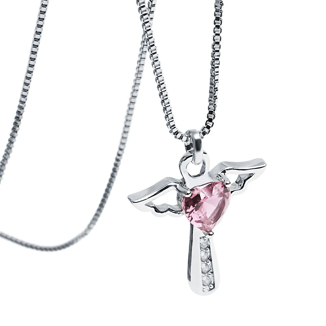 Birthstone Necklaces Cross Necklace Mom Necklace for Women Girls Cubic Zirconia Angel Wing Birthstone Heart Charm Pendant Necklace Gifts for Mom October- Turmaline