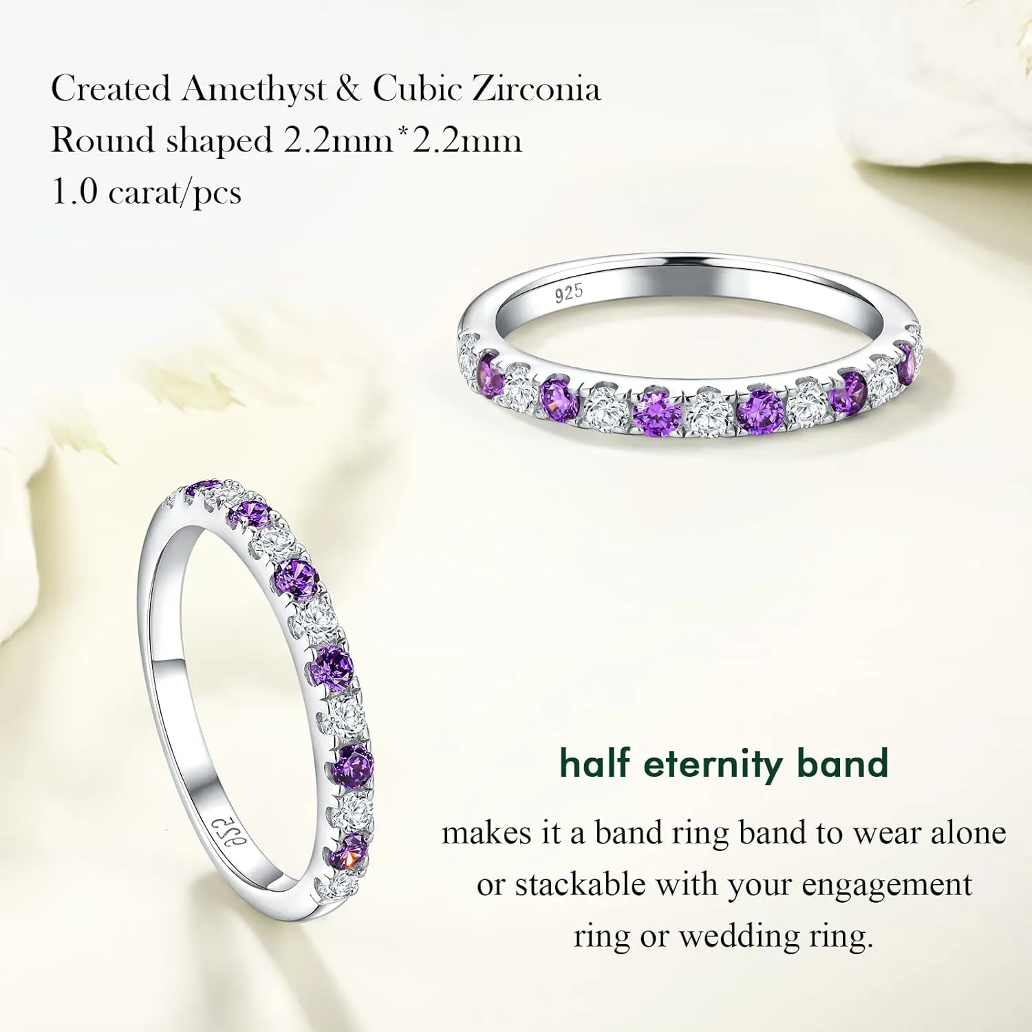 Birthstone Rings Eternity Band 925 Sterling Silver/Yellow Gold Created Gemstone Stackable Wedding Band Half Eternity Rings for Women Size 6 to 10