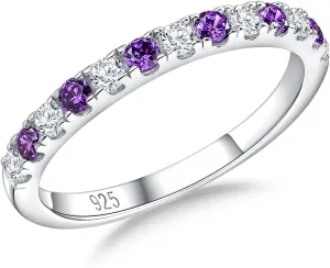 Birthstone Rings Eternity Band 925 Sterling Silver/Yellow Gold Created Gemstone Stackable Wedding Band Half Eternity Rings for Women Size 6 to 10