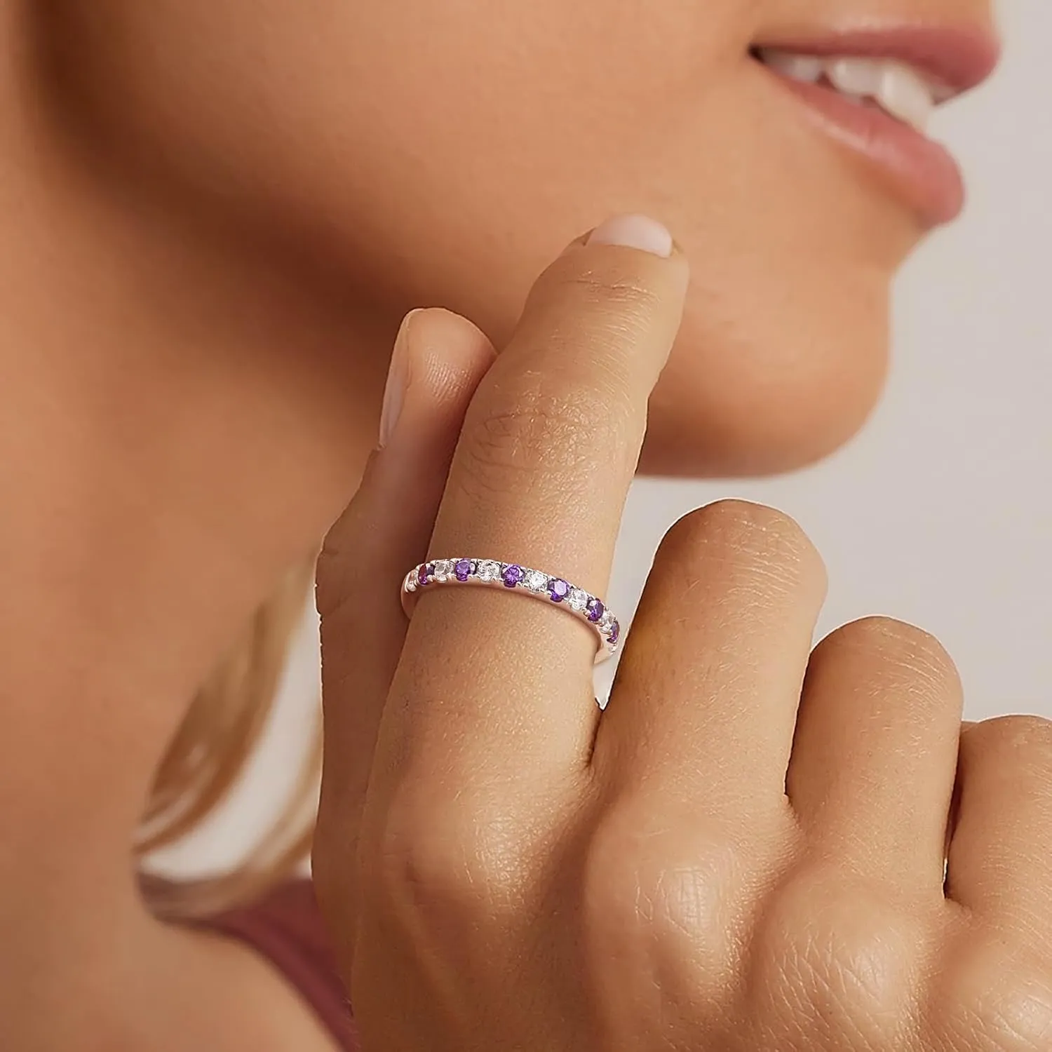 Birthstone Rings Eternity Band 925 Sterling Silver/Yellow Gold Created Gemstone Stackable Wedding Band Half Eternity Rings for Women Size 6 to 10