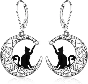 Black Cat Earrings for Women Sterling Silver Leverback Cute Animal Crescent Moon Celtic Knot Dangle Drop Earrings Hypoallergenic Cats Lover Halloween Gifts