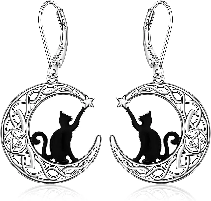 Black Cat Earrings for Women Sterling Silver Leverback Cute Animal Crescent Moon Celtic Knot Dangle Drop Earrings Hypoallergenic Cats Lover Halloween Gifts
