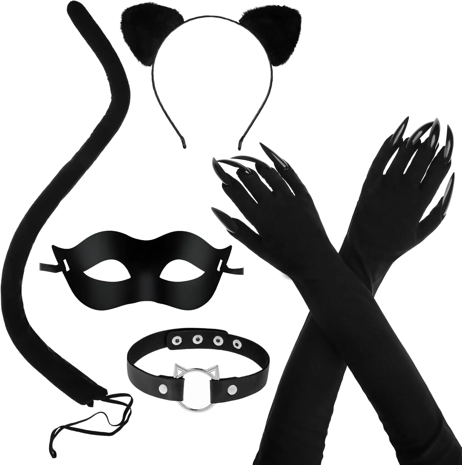 Black Cat Women's Halloween Costume - Cat Ears, Tail, Mask, Gloves, Choker, Necklace - 5 Pcs