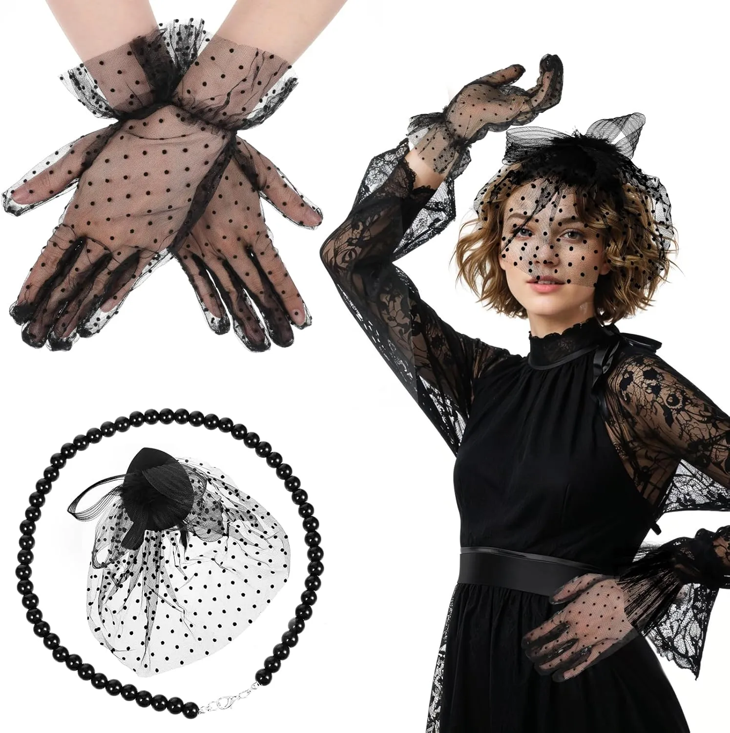 Black Fascinator Hat for Women Fascinators Tea Party Hat with Lace Gloves Faux Pearl Necklace Funeral Veil Hats Set for Women
