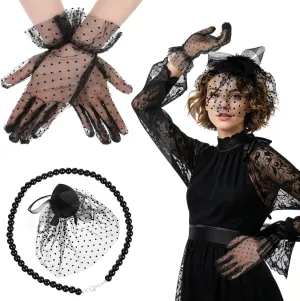 Black Fascinator Hat for Women Fascinators Tea Party Hat with Lace Gloves Faux Pearl Necklace Funeral Veil Hats Set for Women