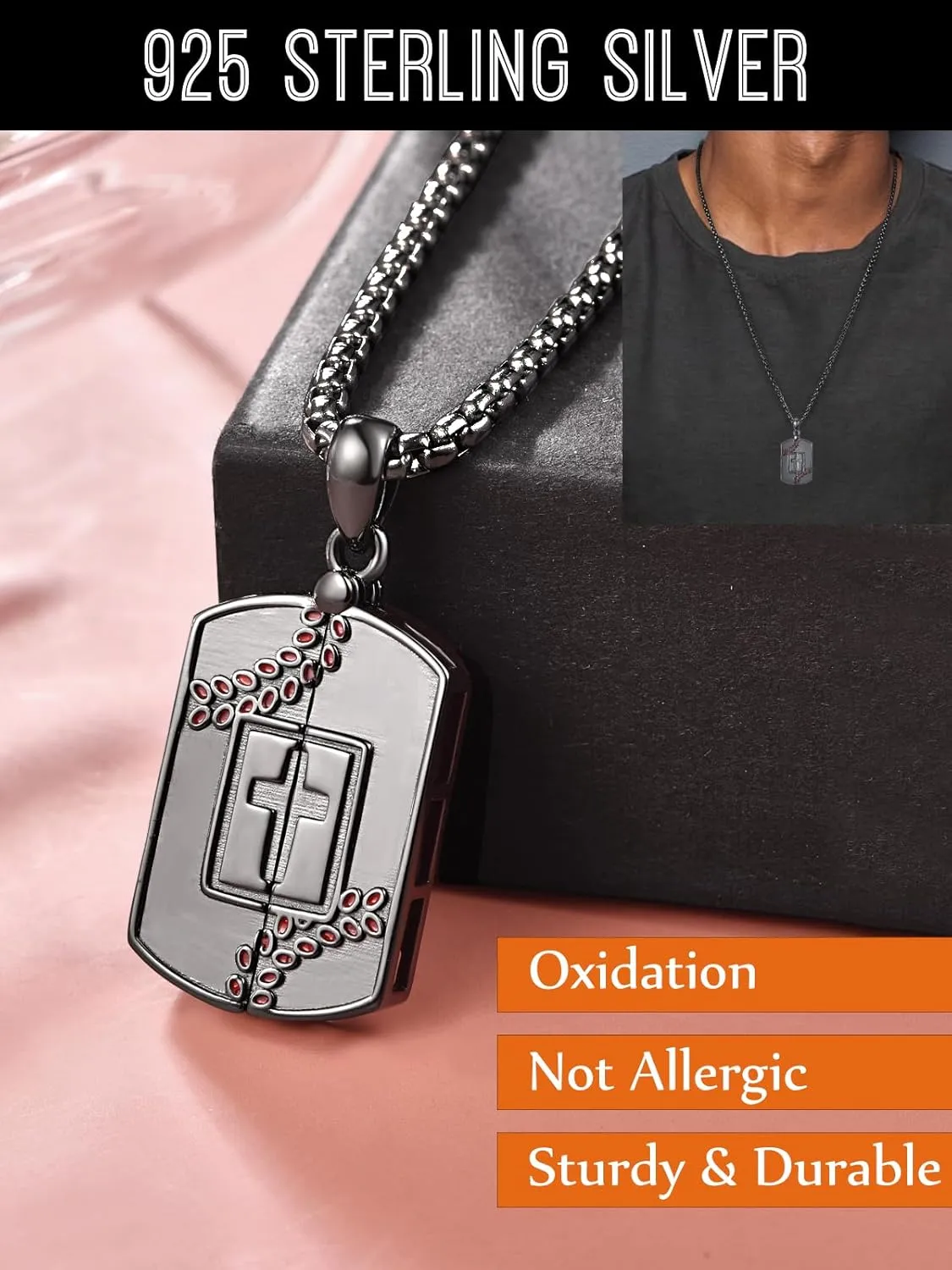Black Locket Necklace for Men, 925 Sterling Silver Mens Locket Pendant Necklace, Cross Protection Jewelry Gifts for Men Husband Him Father Son